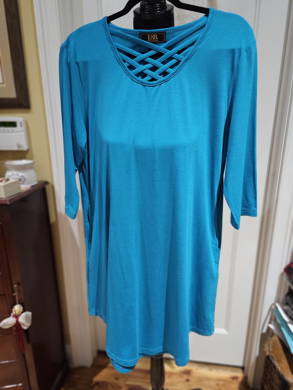 L&B Women's Turquoise Crisscross Neck Dress - NWT, Size S